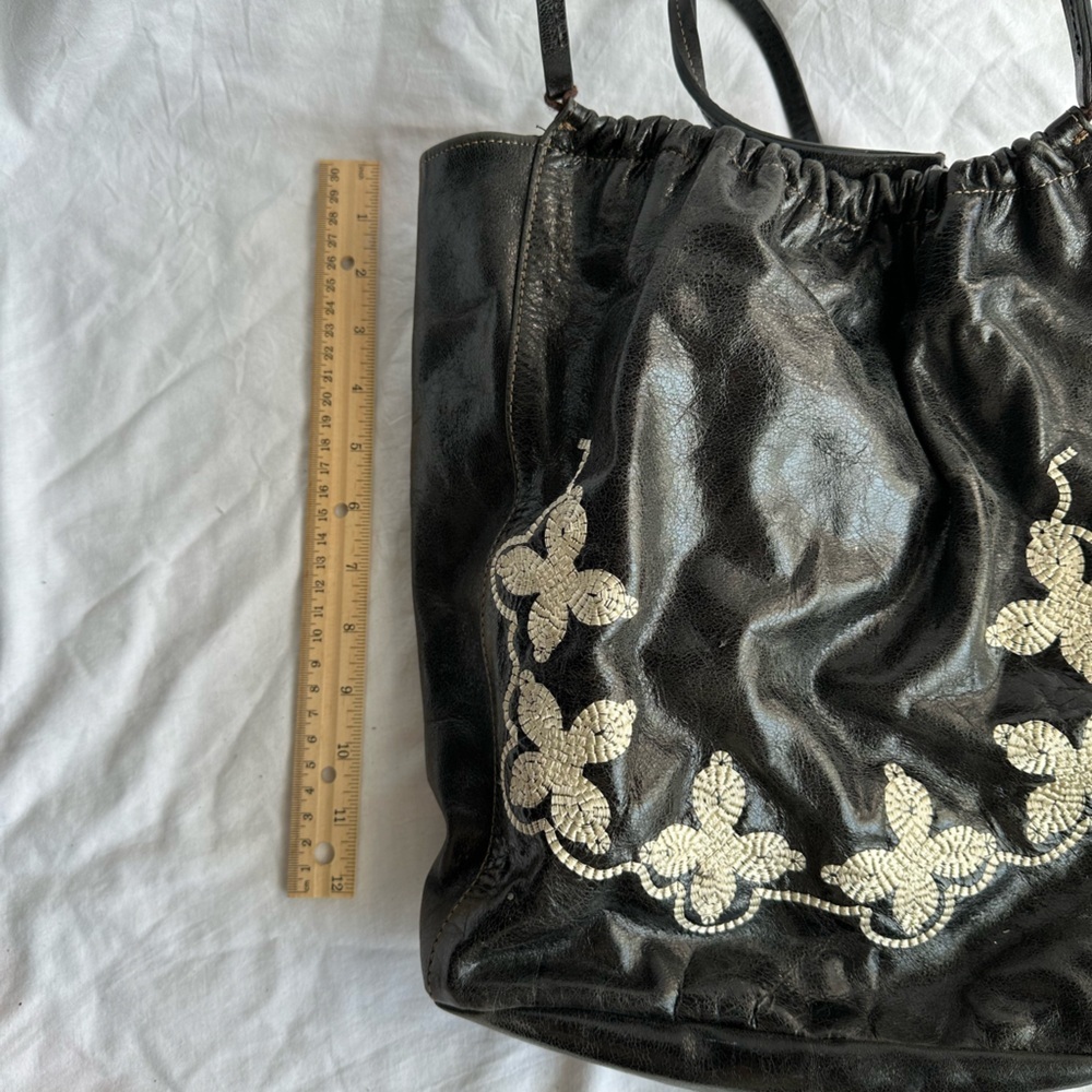PRÜNE Black Leather Drawstring Backpack with Silver Floral Embroidery OS - Picture 7 of 7